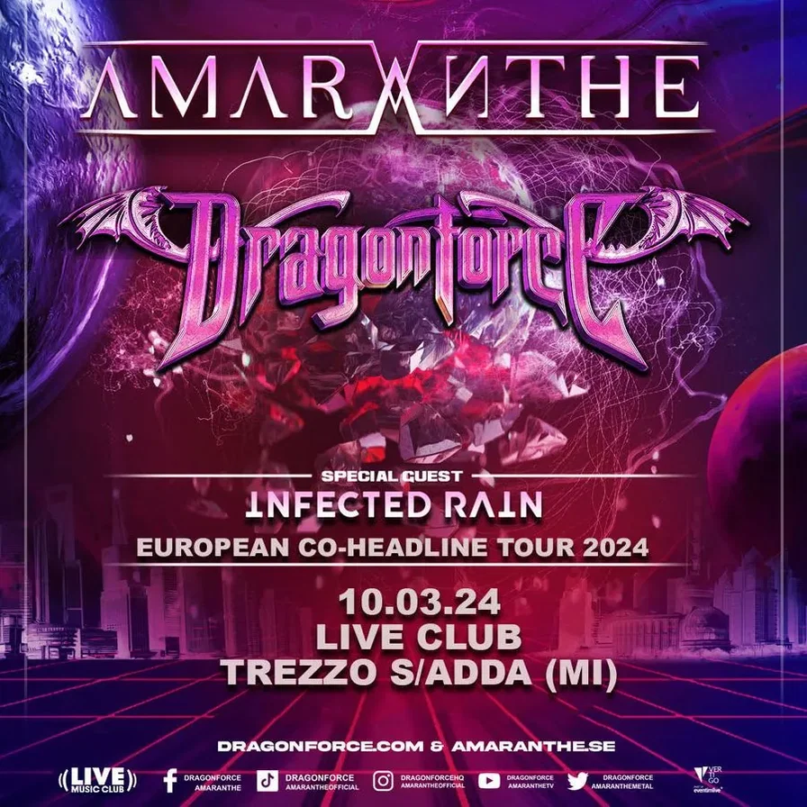 La locandina dello show italiano che vedrà Amaranthe e Dragonforce insieme agli Infected Rain