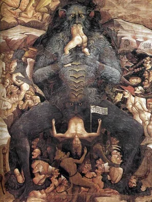 Lucifero in un particolare dell'affresco raffigurante il Paradiso e l’Inferno, visibile nella Cappella Bolognini della Cattedrale bolognese di S. Petronio