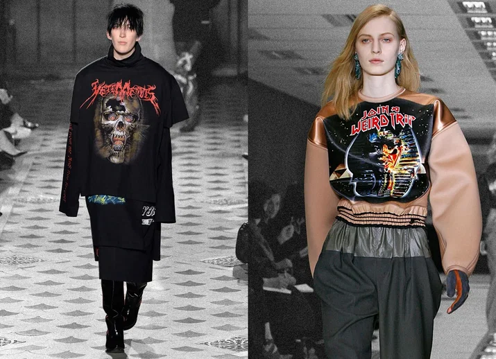 Sinistra: Vetements AW16 runway, 2016. Photograph by Ms Kristy Sparow/Getty Images.Destra: Balenciaga AW12 runway, 2012. Photograph by Retna/Avalon Red